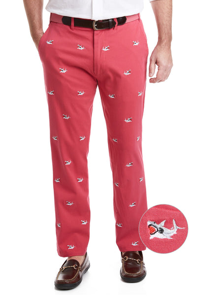 Harbor Pant Stretch Twill Hurricane Red with Great White Shark MENS EMBROIDERED PANTS Castaway Nantucket Island