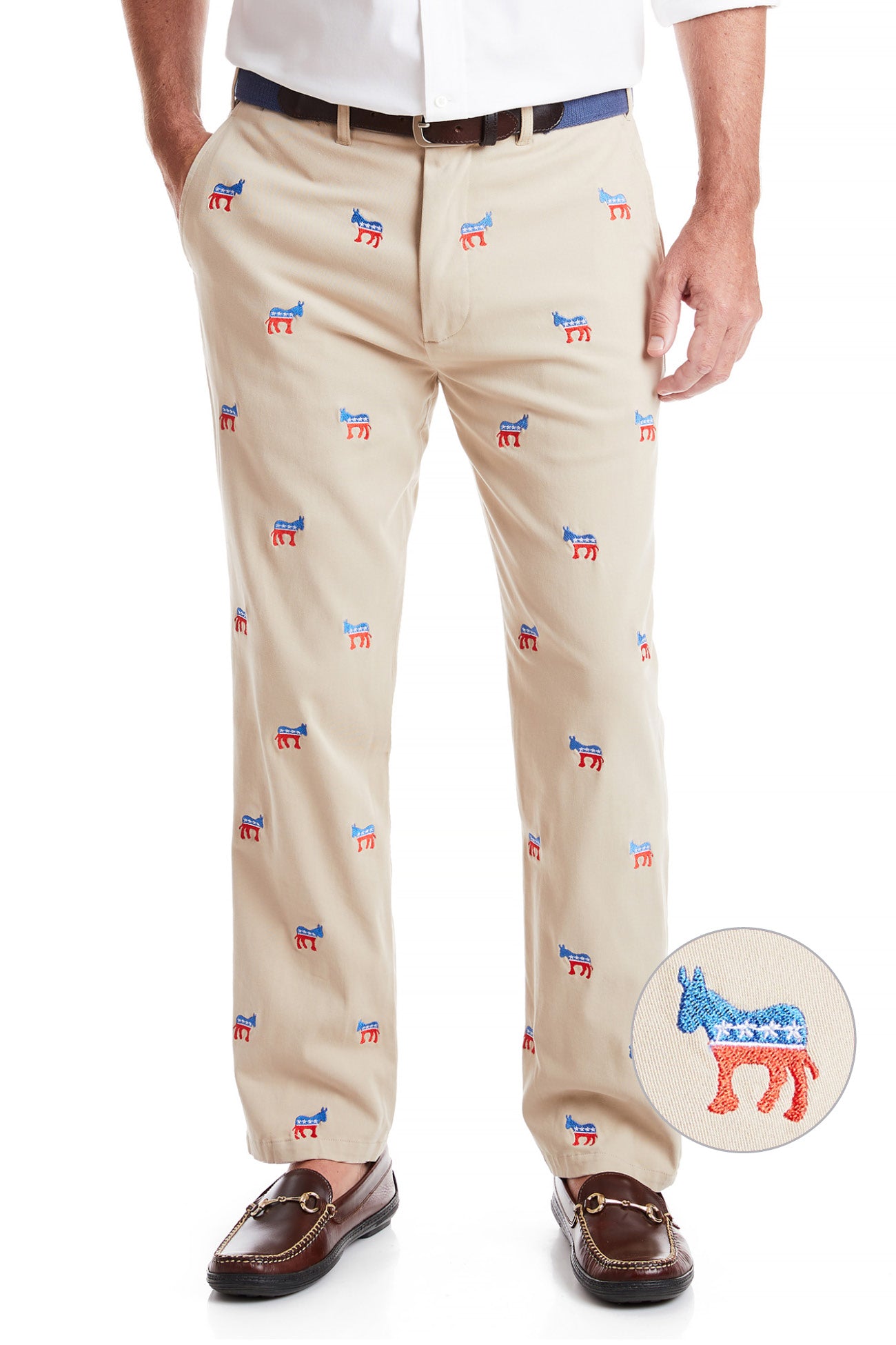 Harbor Pant Stretch Twill Khaki with Democratic Donkey MENS EMBROIDERED PANTS Castaway Nantucket Island