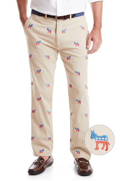 Harbor Pant Stretch Twill Khaki with Democratic Donkey MENS EMBROIDERED PANTS Castaway Nantucket Island