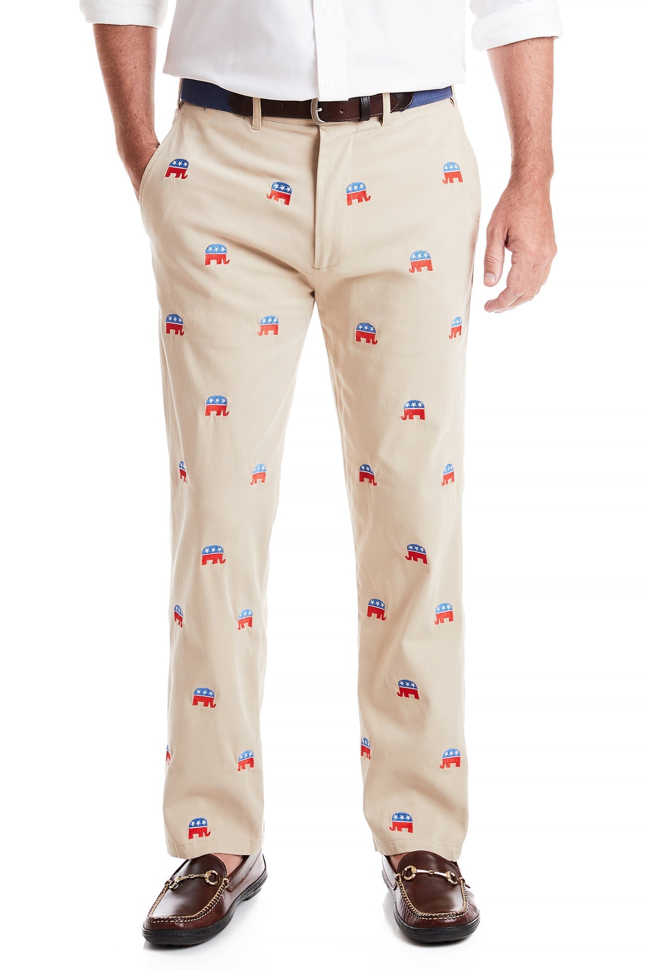 Harbor Pant Stretch Twill Khaki with GOP Elephant MENS EMBROIDERED PANTS Castaway Nantucket Island