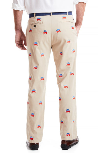 Harbor Pant Stretch Twill Khaki with GOP Elephant MENS EMBROIDERED PANTS Castaway Nantucket Island