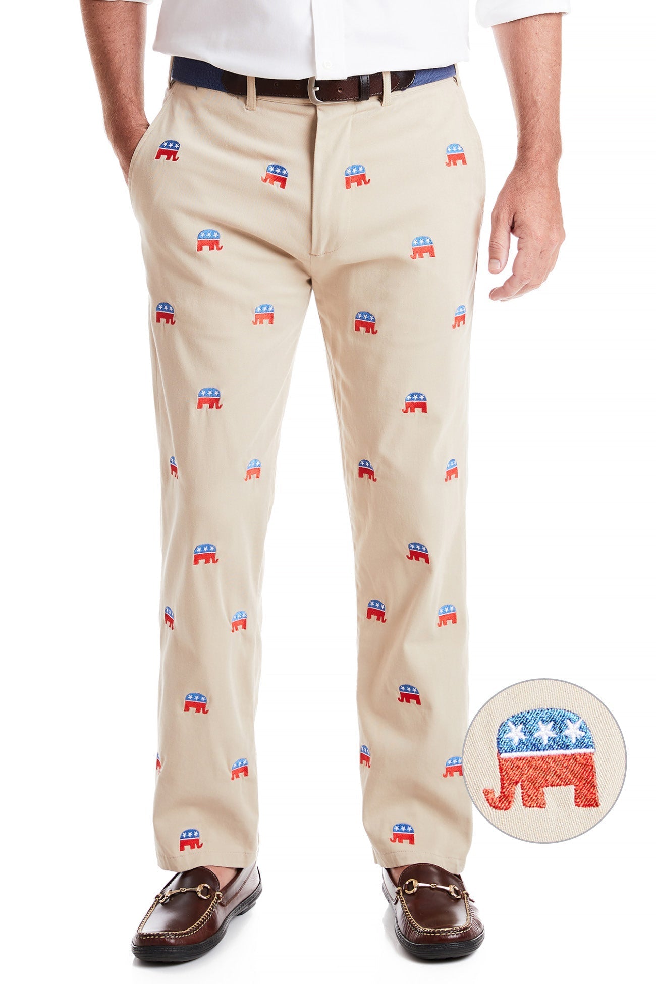 Harbor Pant Stretch Twill Khaki with GOP Elephant MENS EMBROIDERED PANTS Castaway Nantucket Island