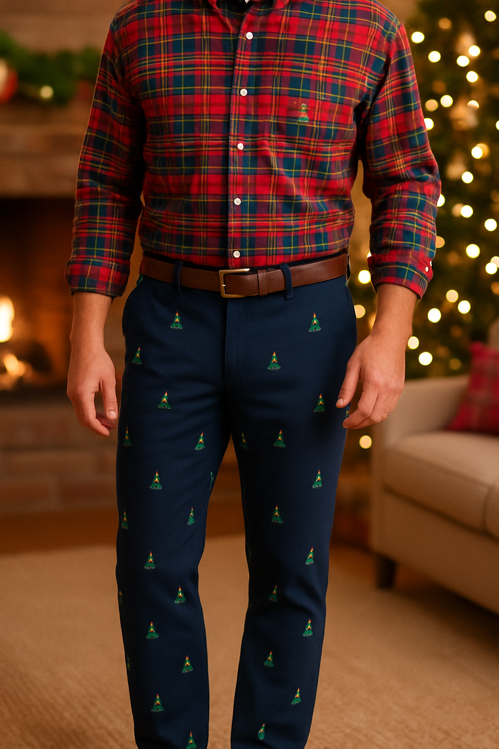 Harbor Pant Stretch Twill Nantucket Navy with Christmas Tree MENS EMBROIDERED PANTS Castaway Nantucket Island