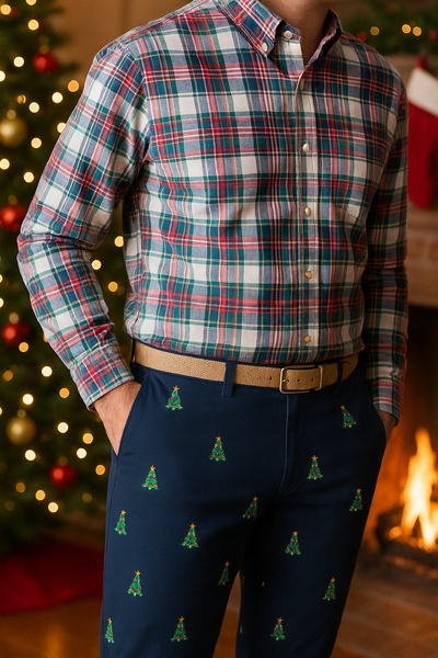 Harbor Pant Stretch Twill Nantucket Navy with Christmas Tree MENS EMBROIDERED PANTS Castaway Nantucket Island