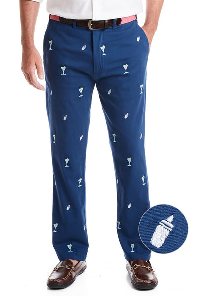 Harbor Pant Stretch Twill Nantucket Navy with Martini & Shaker MENS EMBROIDERED PANTS Castaway Nantucket Island