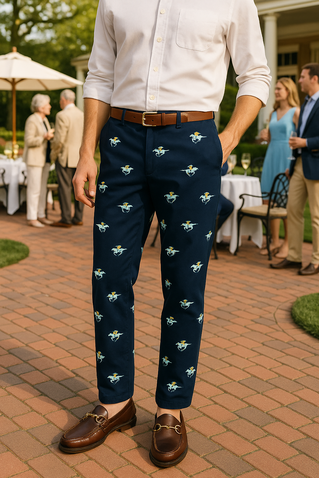 Harbor Pant Stretch Twill Nantucket Navy with Pastel Racing Horses MENS EMBROIDERED PANTS Castaway Nantucket Island