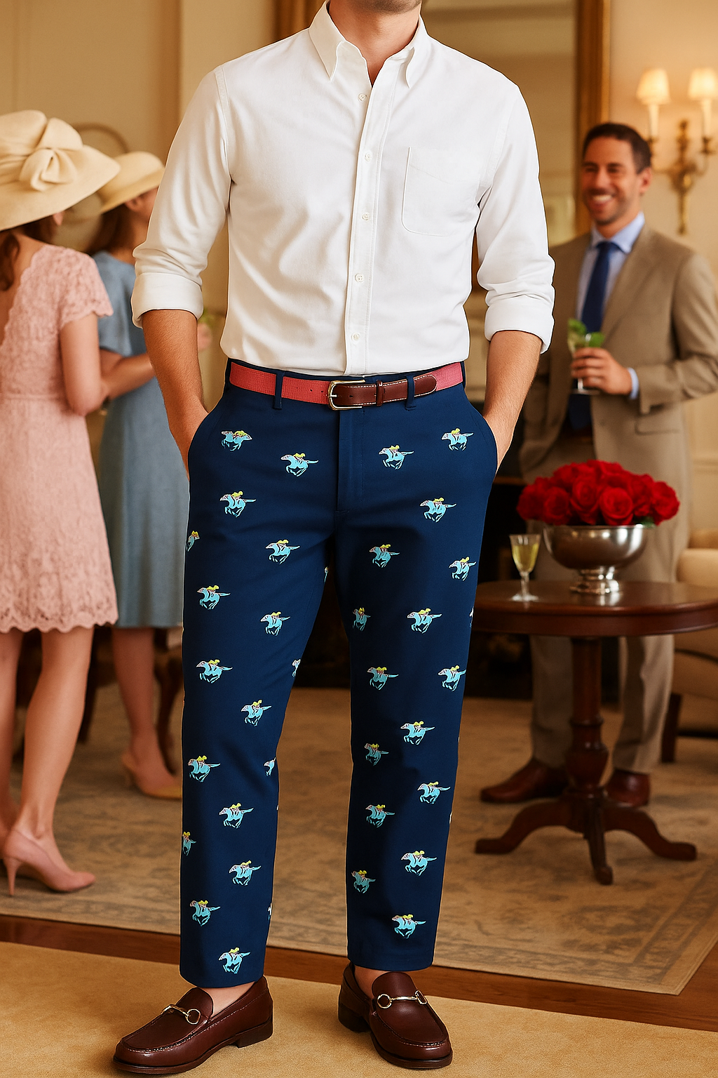 Harbor Pant Stretch Twill Nantucket Navy with Pastel Racing Horses MENS EMBROIDERED PANTS Castaway Nantucket Island