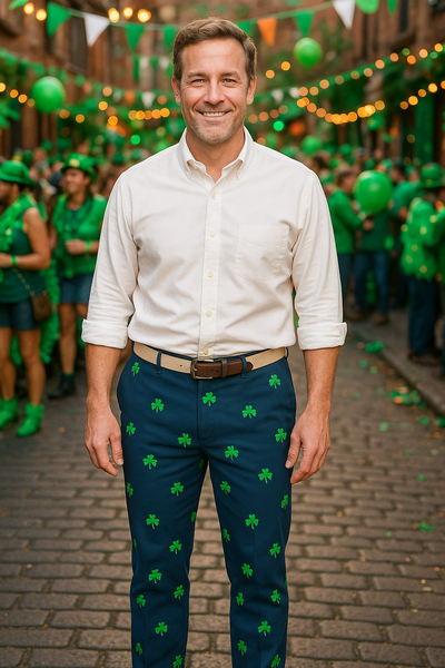 Harbor Pant Stretch Twill Nantucket Navy With Shamrock MENS EMBROIDERED PANTS Castaway Nantucket Island