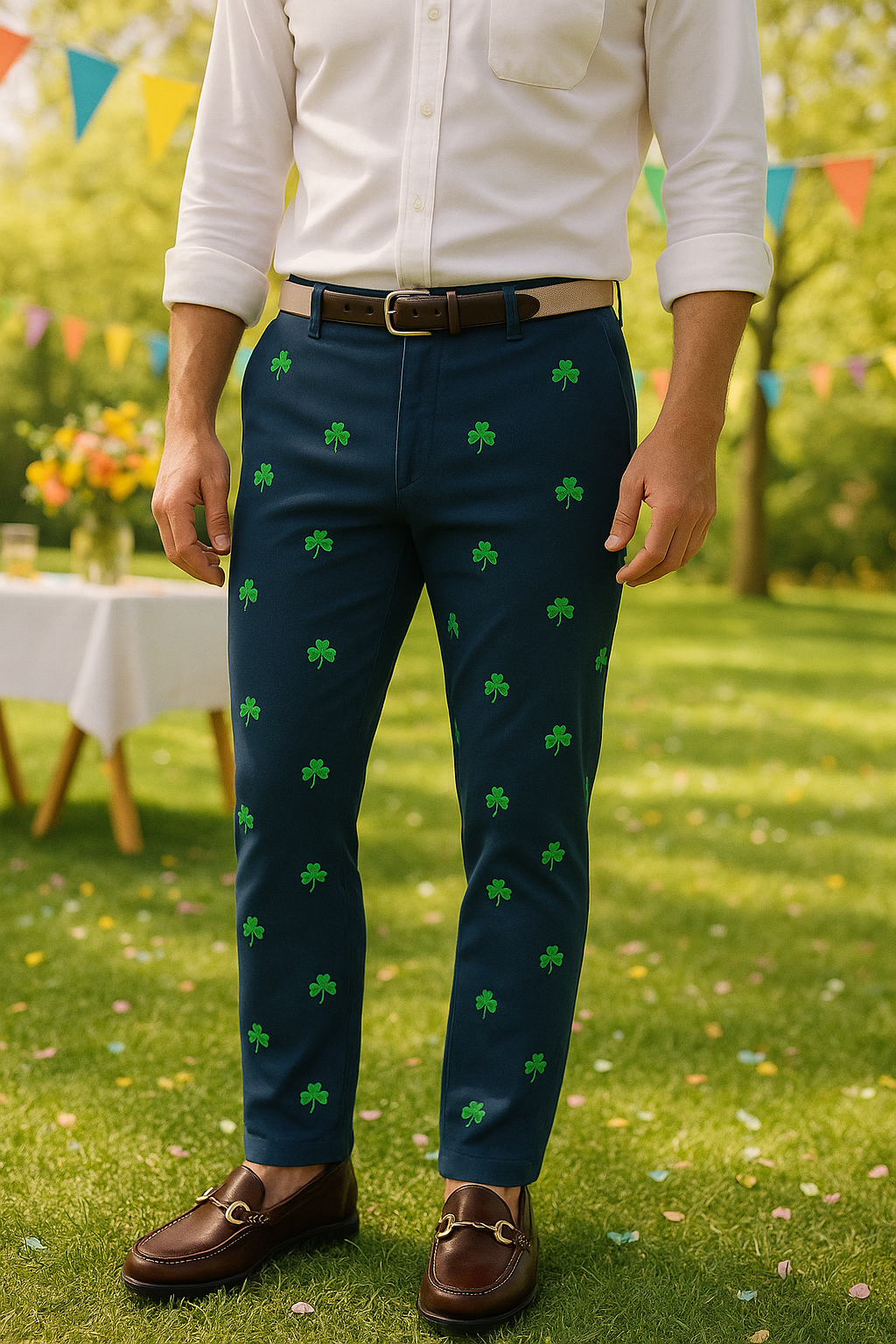 Harbor Pant Stretch Twill Nantucket Navy With Shamrock MENS EMBROIDERED PANTS Castaway Nantucket Island