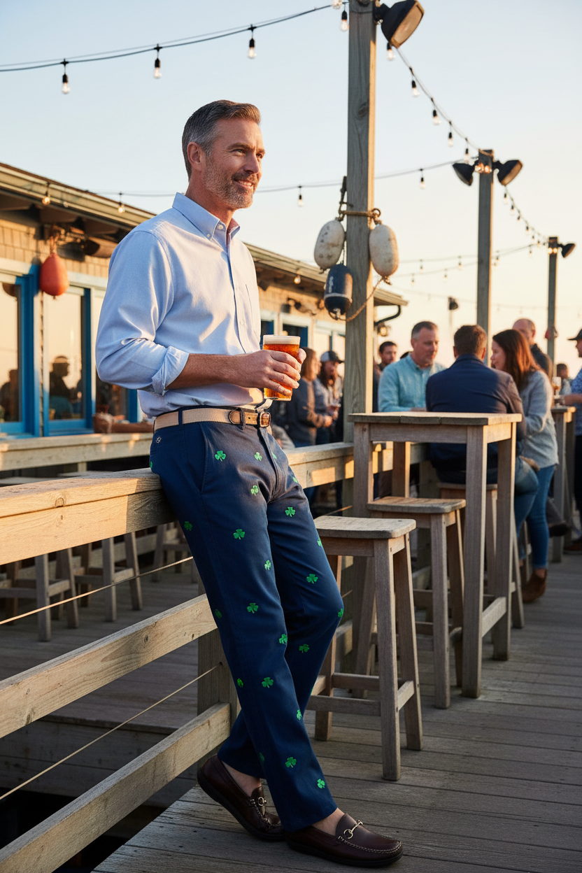 Mens Embroidered Pant Navy With Shamrocks for St. Patricks Day Mens Embroidered Pant Navy With Shamrocks for St. Patricks Day