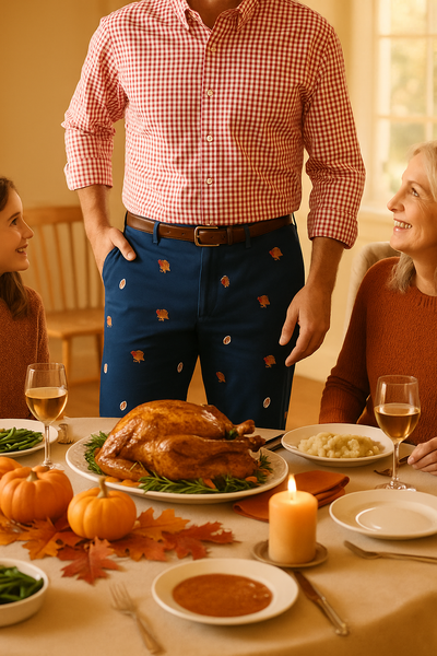 Harbor Pant Stretch Twill Nantucket Navy with Turkey & Football MENS EMBROIDERED PANTS Castaway Nantucket Island
