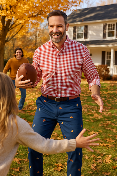 Harbor Pant Stretch Twill Nantucket Navy with Turkey & Football MENS EMBROIDERED PANTS Castaway Nantucket Island