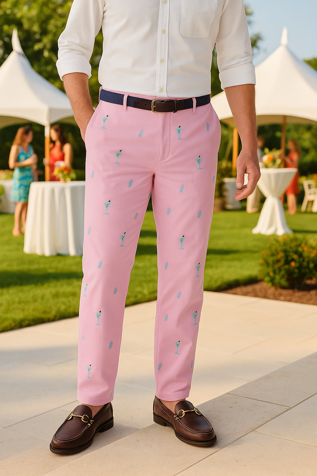 Harbor Pant Stretch Twill Pink with Martini & Shaker MENS EMBROIDERED PANTS Castaway Nantucket Island