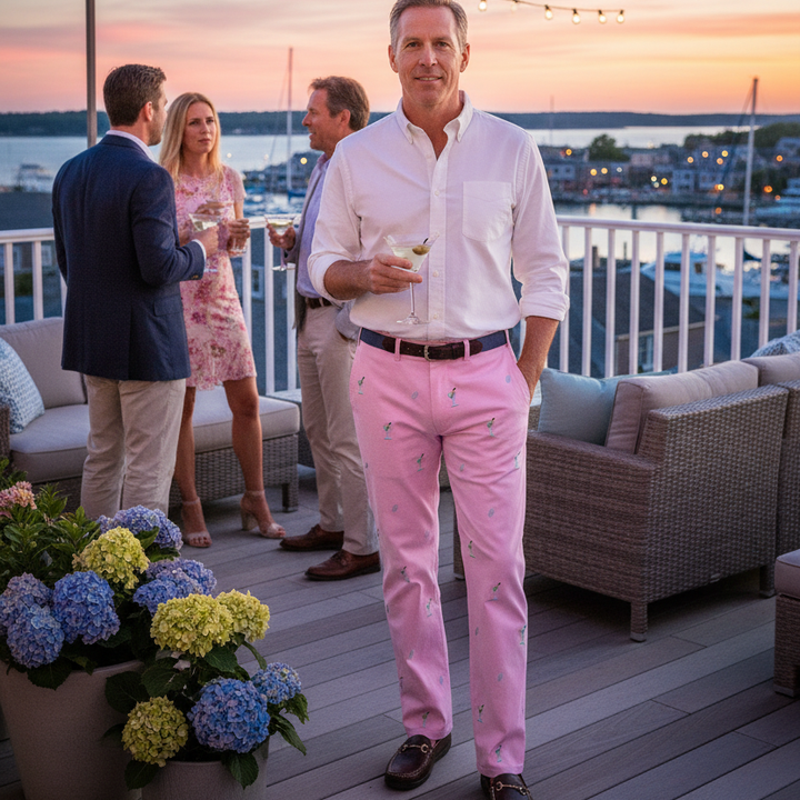 Castaway Mens Embroidered Pant Twill Pink with Martini & Shaker