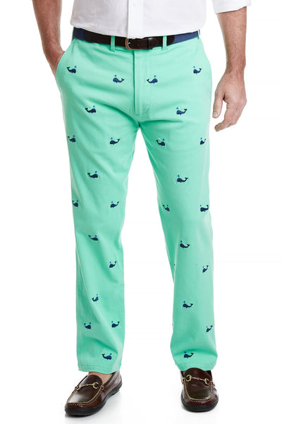 Harbor Pant Stretch Twill Spring Green with Spouting Whale MENS EMBROIDERED PANTS Castaway Nantucket Island