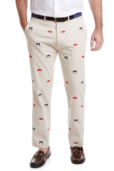 Harbor Pant Stretch Twill Stone with Smoker Grill & Pig MENS EMBROIDERED PANTS Castaway Nantucket Island