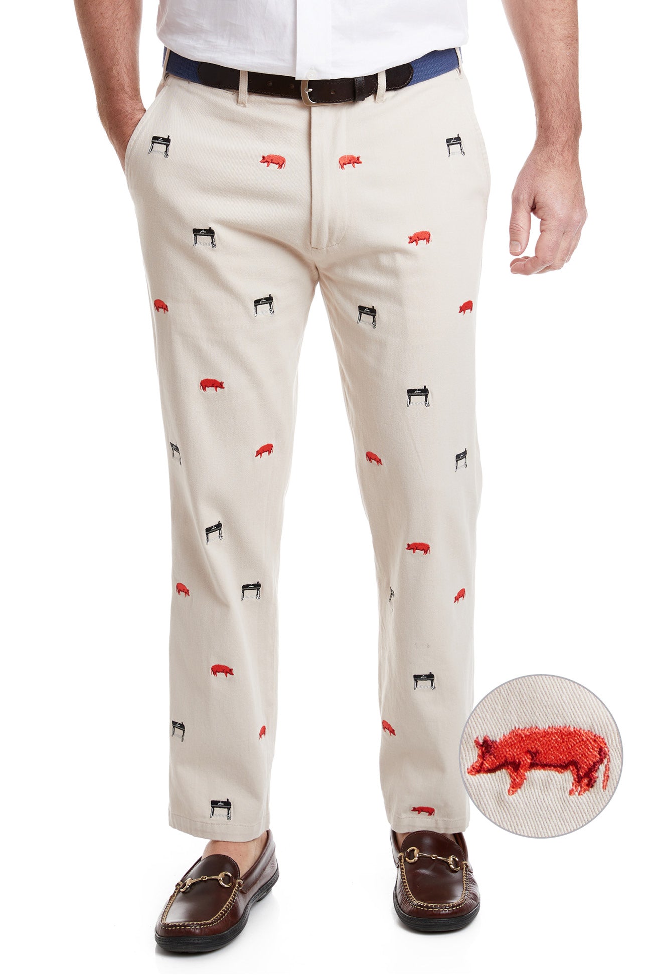 Harbor Pant Stretch Twill Stone with Smoker Grill & Pig MENS EMBROIDERED PANTS Castaway Nantucket Island