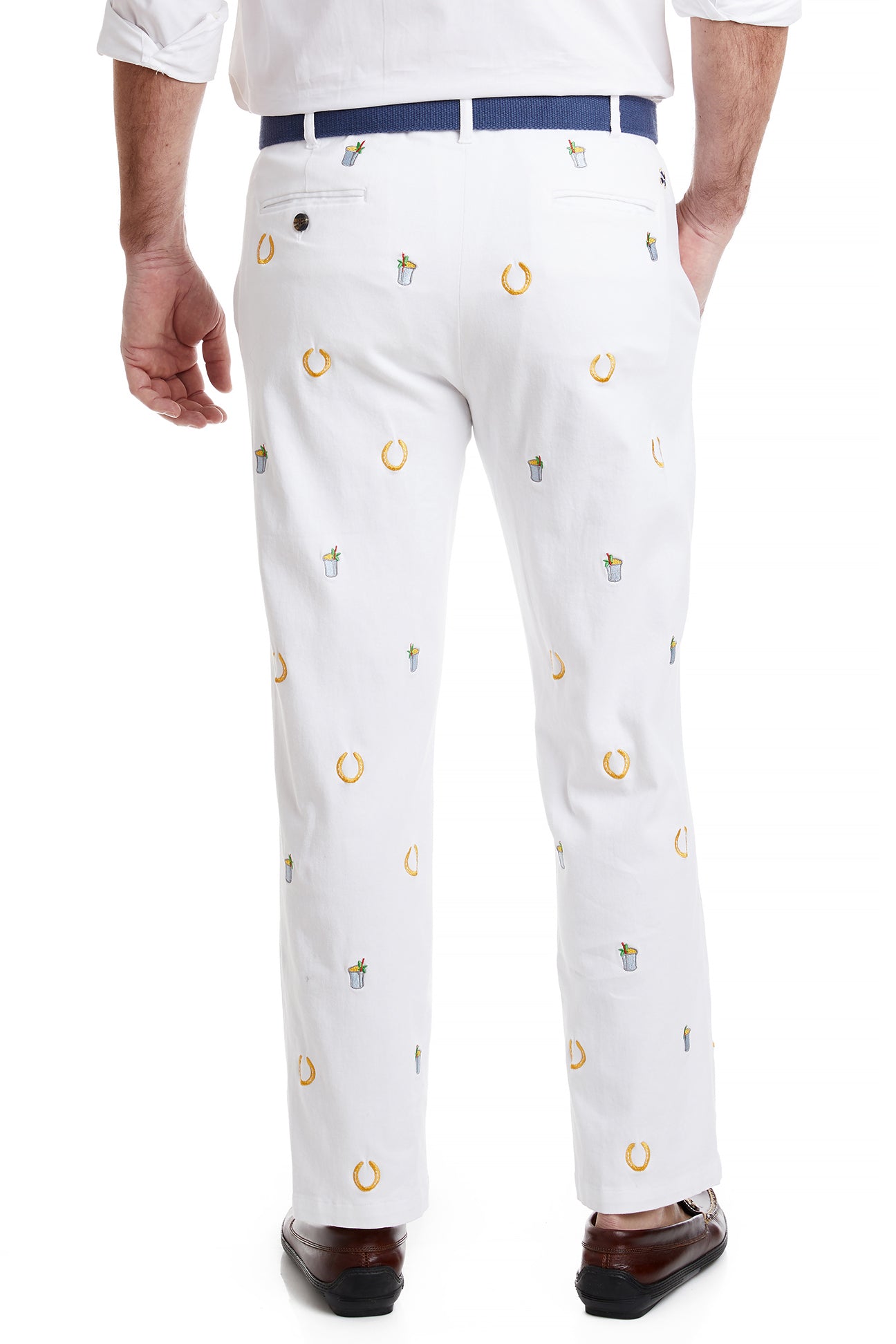 Harbor Pant Stretch Twill White with Lucky Mint Julep MENS EMBROIDERED PANTS Castaway Nantucket Island