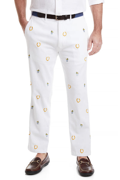 Harbor Pant Stretch Twill White with Lucky Mint Julep MENS EMBROIDERED PANTS Castaway Nantucket Island