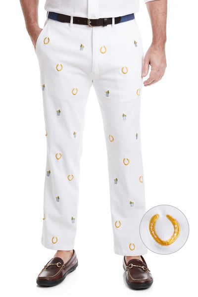 Harbor Pant Stretch Twill White with Lucky Mint Julep MENS EMBROIDERED PANTS Castaway Nantucket Island