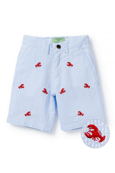 Jetties Short Blue Seersucker with Lobster BOYS SHORTS Castaway Nantucket Island