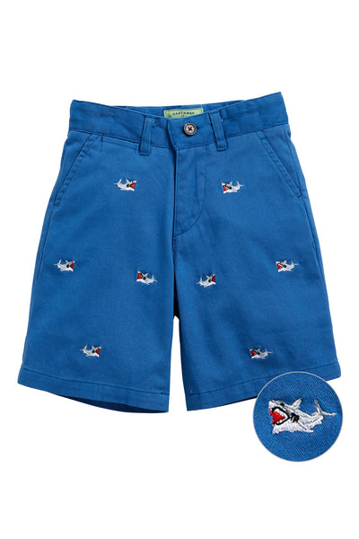 Jetties Short Stretch Twill Deep Ocean Blue with Great White Shark BOYS SHORTS Castaway Nantucket Island