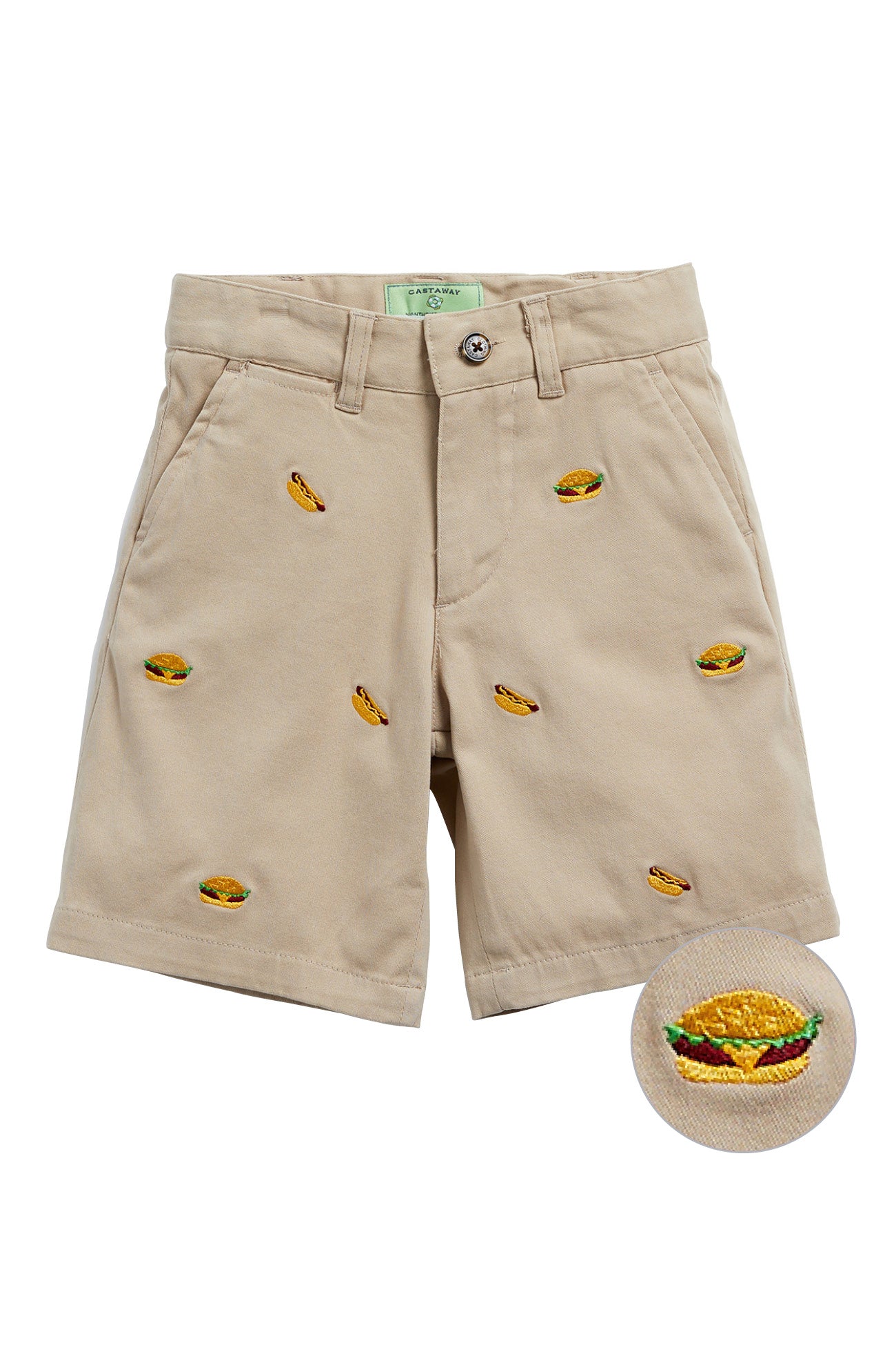 Jetties Short Stretch Twill Khaki with Hamburger and Hotdog BOYS SHORTS Castaway Nantucket Island