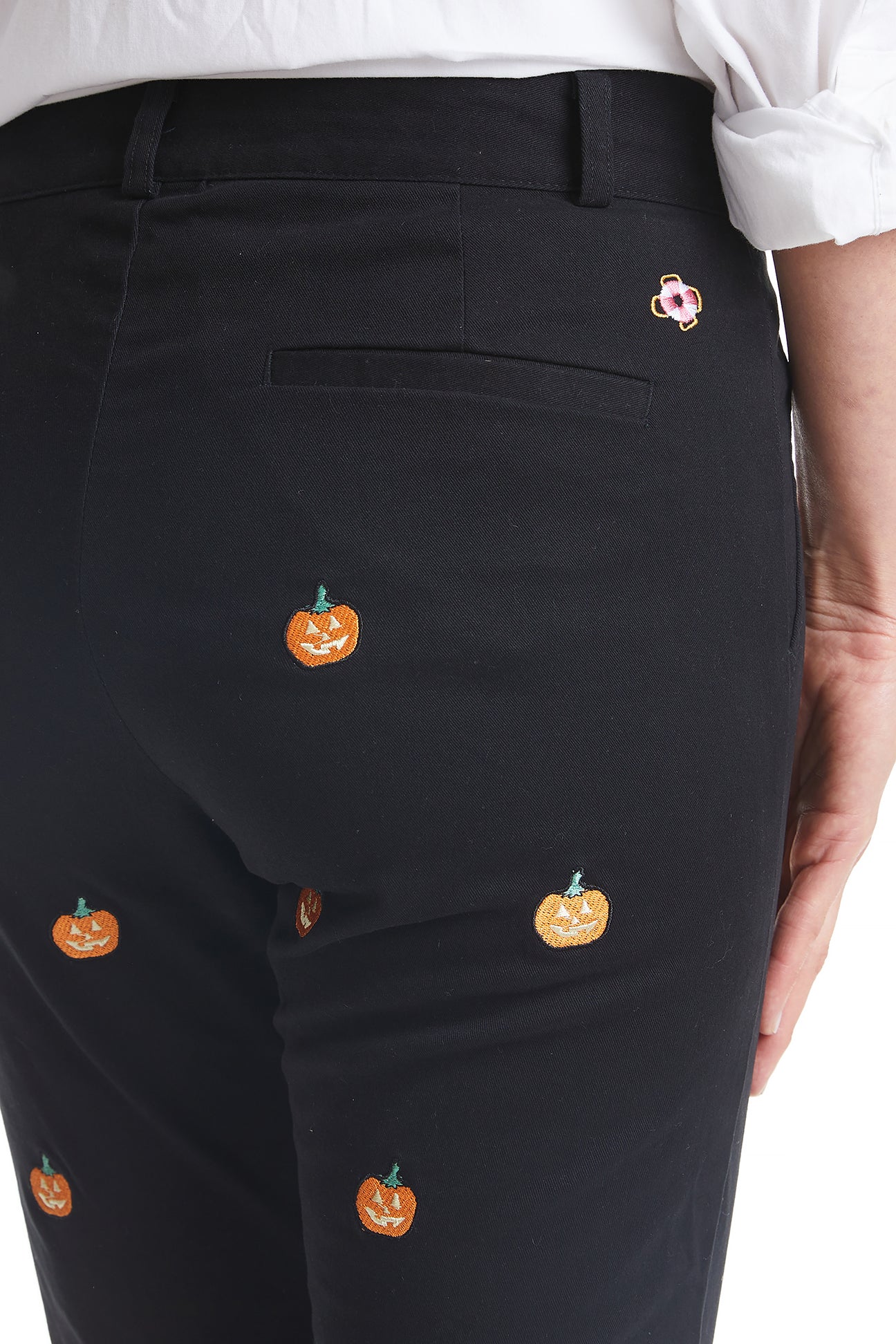 Ladies Ankle Capri Pant Stretch Twill Black with Jack O'Lantern Pumpkins LADIES PANTS Castaway Nantucket Island