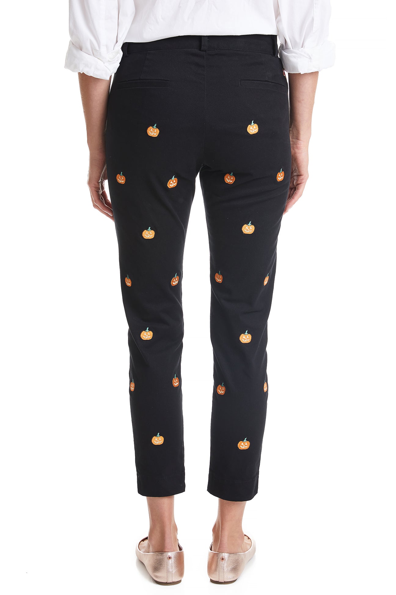 Ladies Ankle Capri Pant Stretch Twill Black with Jack O'Lantern Pumpkins LADIES PANTS Castaway Nantucket Island