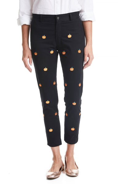 Ladies Ankle Capri Pant Stretch Twill Black with Jack O'Lantern Pumpkins LADIES PANTS Castaway Nantucket Island