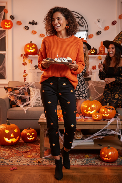 Ladies Ankle Capri Pant Stretch Twill Black with Jack O'Lantern Pumpkins LADIES PANTS Castaway Nantucket Island