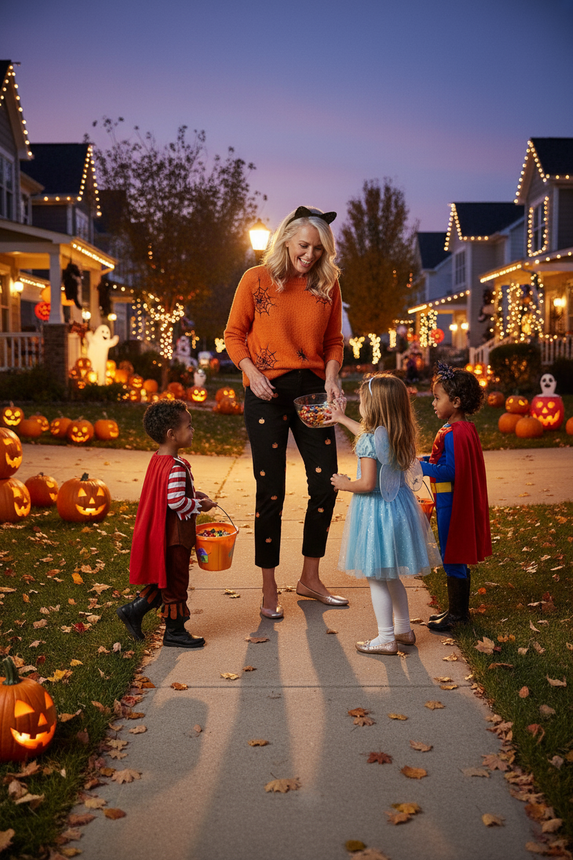 Ladies Ankle Capri Pant Stretch Twill Black with Jack O'Lantern Pumpkins LADIES PANTS Castaway Nantucket Island
