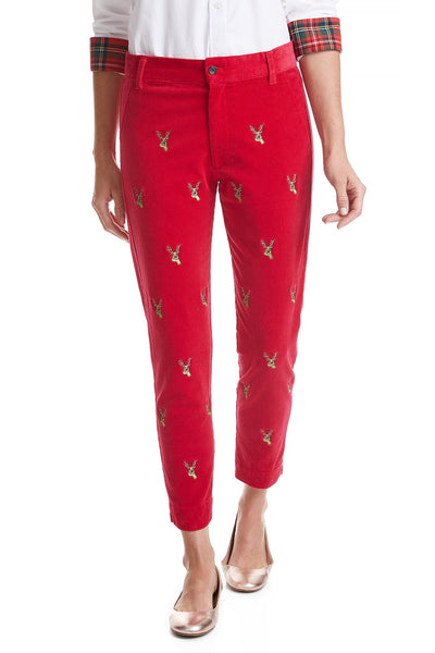 Ladies Beachcomber Pant Stretch Corduroy Ankle Capri Crimson with Dasher LADIES PANTS Castaway Nantucket Island