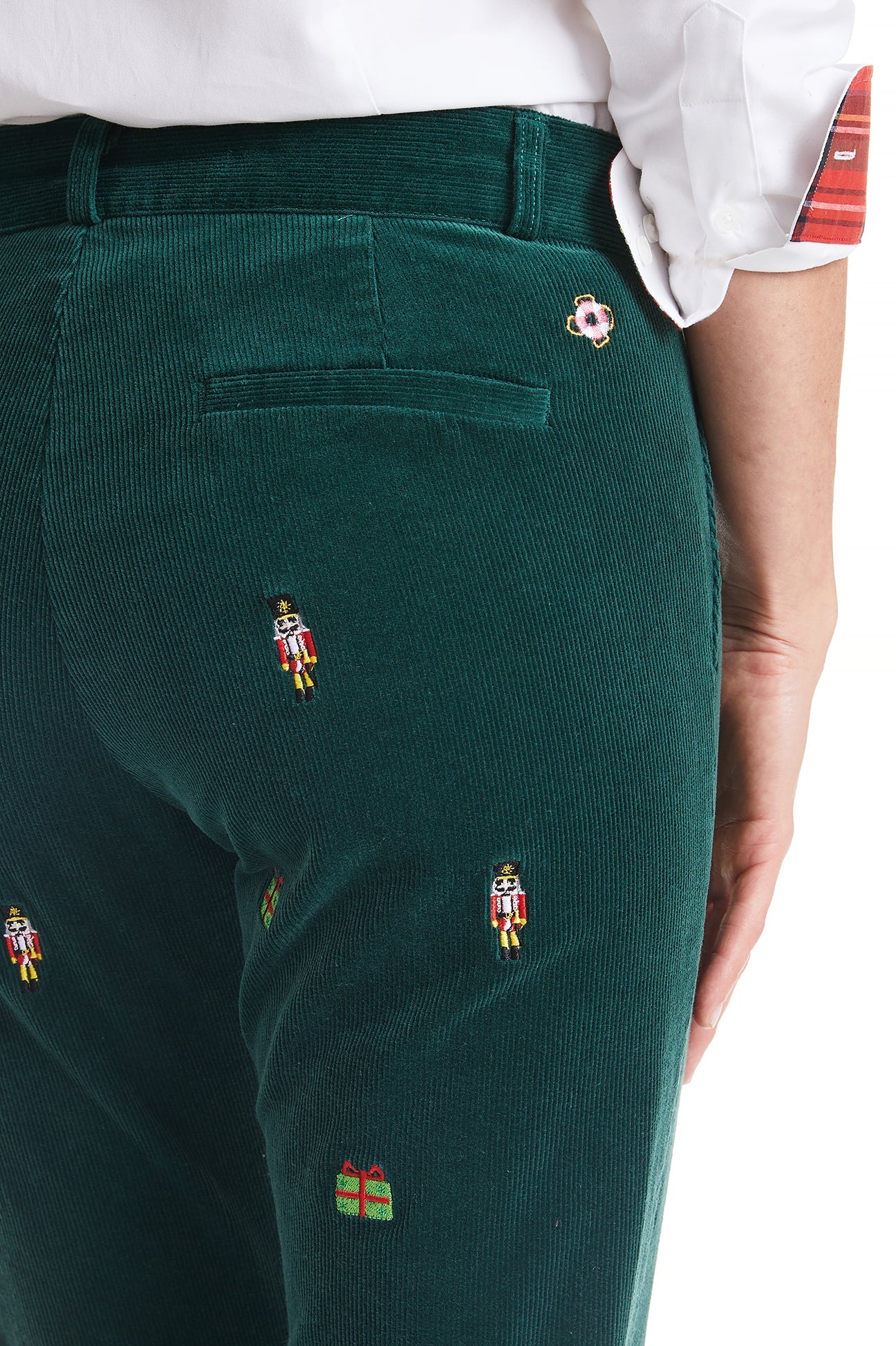 Ladies Beachcomber Pant Stretch Corduroy Ankle Capri Hunter with Nutcracker & Present LADIES PANTS Castaway Nantucket Island