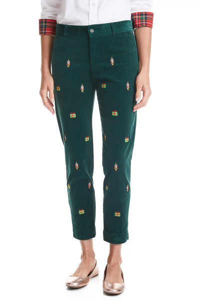 Ladies Beachcomber Pant Stretch Corduroy Ankle Capri Hunter with Nutcracker & Present LADIES PANTS Castaway Nantucket Island