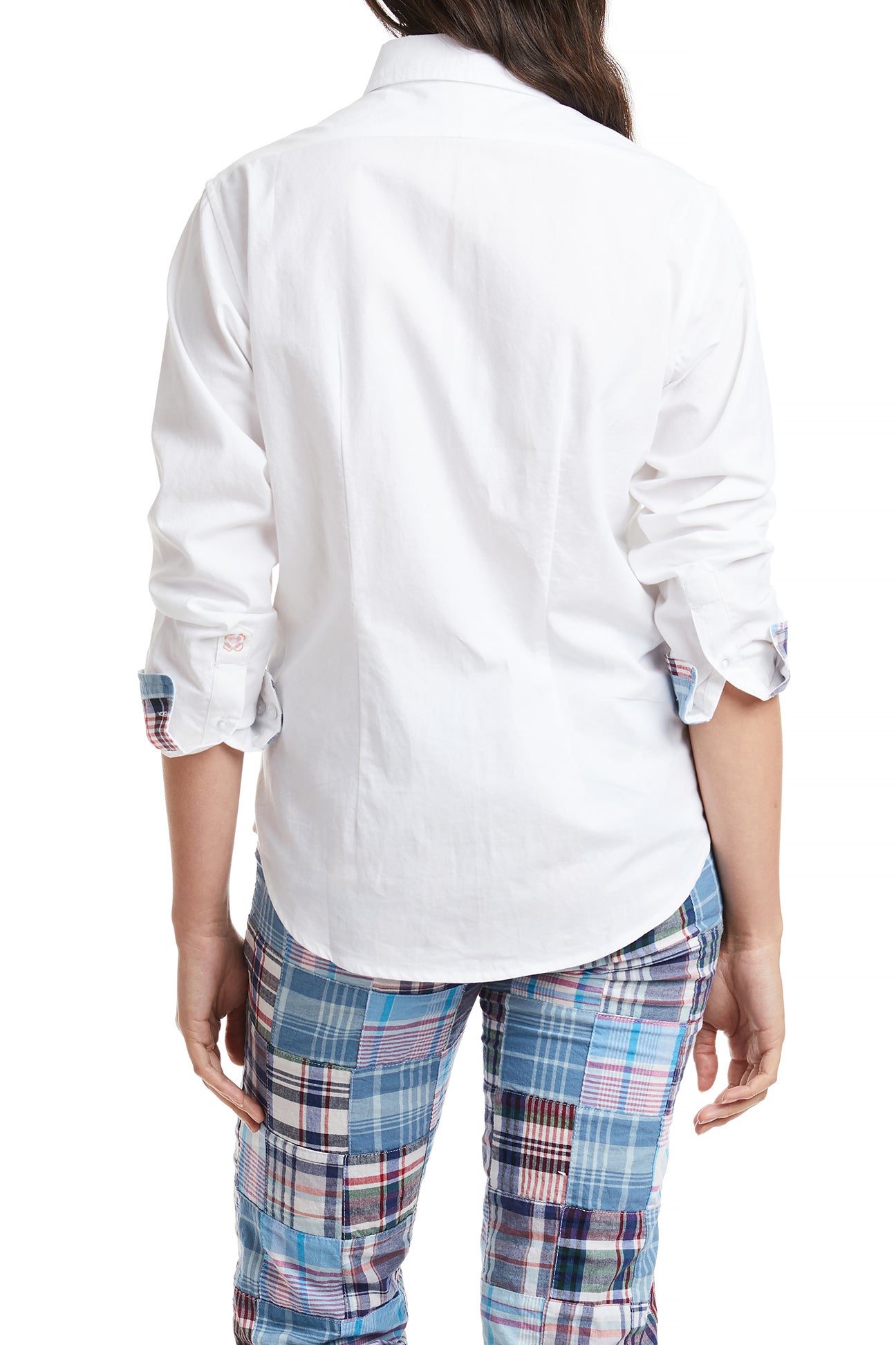 Ladies Button Down Long Sleeve Shirt White Oxford with Seapoint Patch Madras Trim LADIES SHIRTS Castaway Nantucket Island