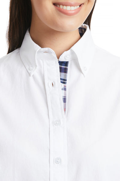Ladies Button Down Long Sleeve Shirt White Oxford with Seapoint Patch Madras Trim LADIES SHIRTS Castaway Nantucket Island