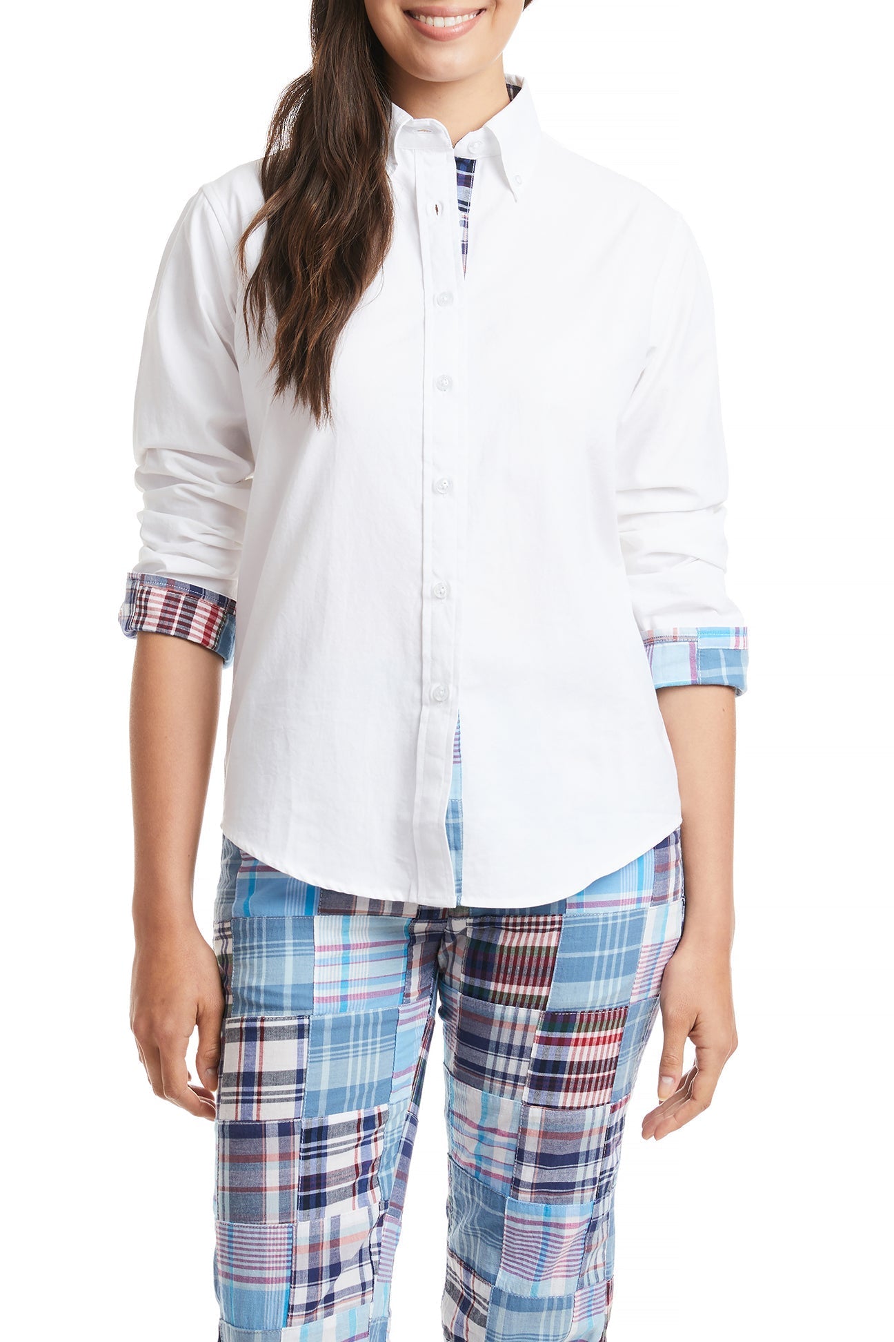 Ladies Button Down Long Sleeve Shirt White Oxford with Seapoint Patch Madras Trim LADIES SHIRTS Castaway Nantucket Island