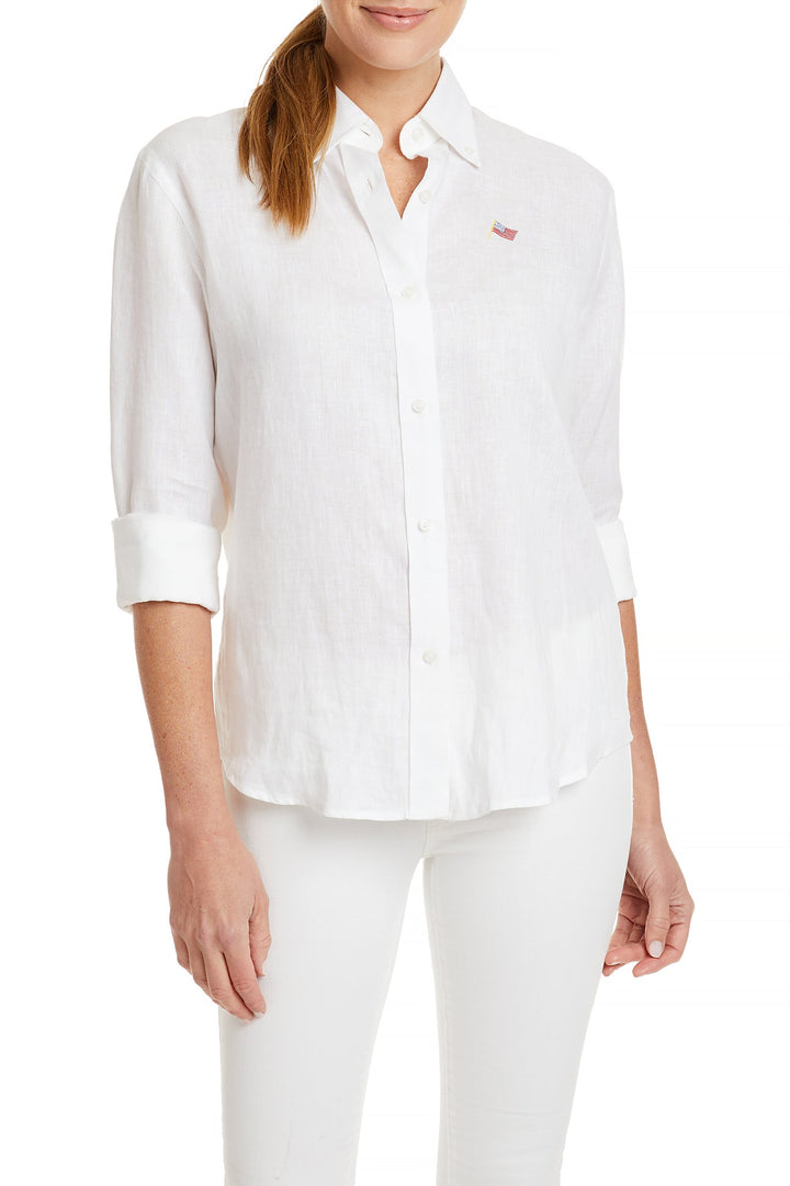 Ladies Button Down Shirt White Linen with USA Flag S / White