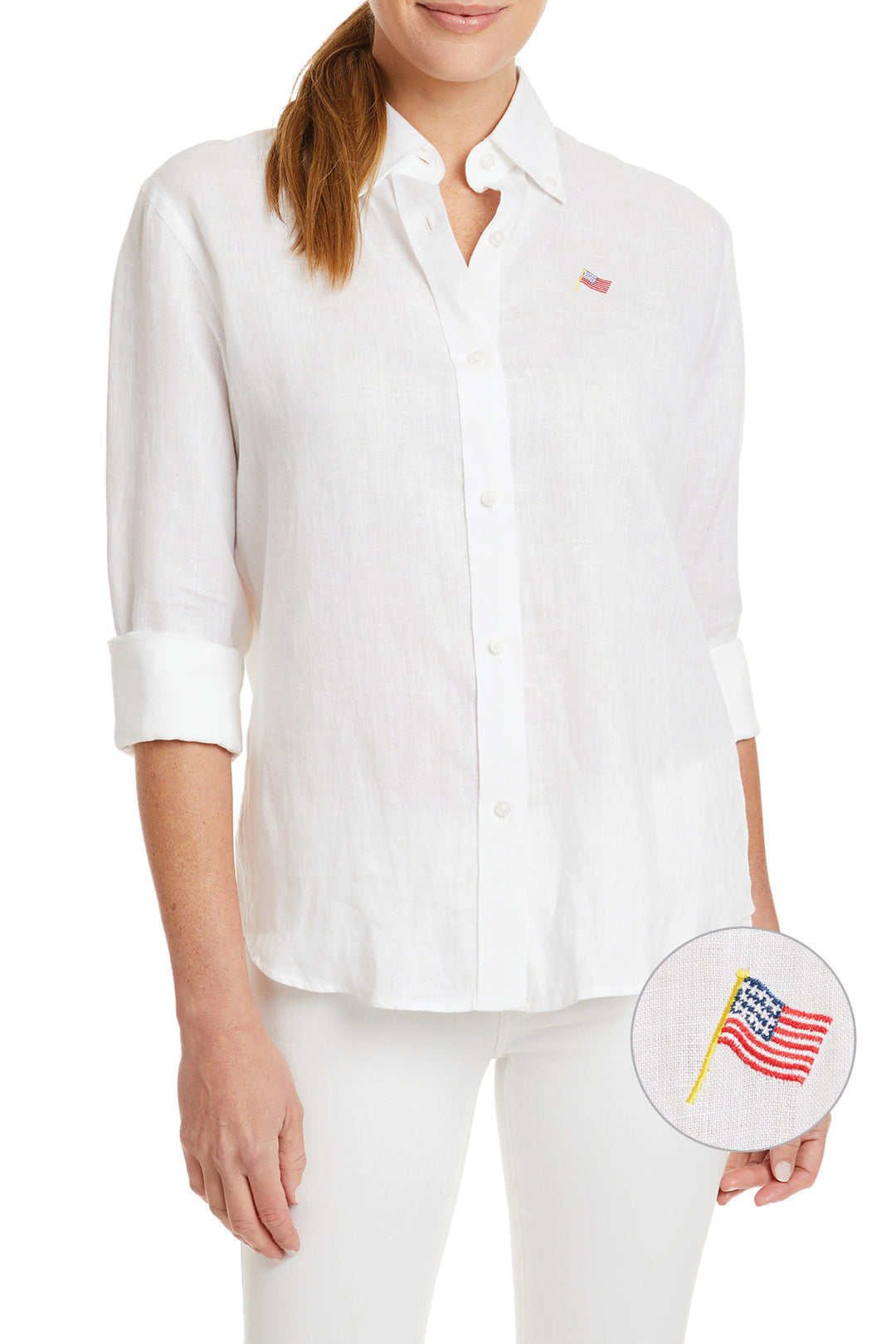 linen dress shirt womens Ladies Button Down Shirt White Linen with USA Flag S / White