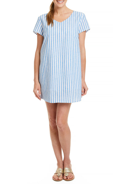 Women's Blue Cabana Stripe Oceanique Dress  V-Neck Cap Sleeve, 100% Linen  Castaway