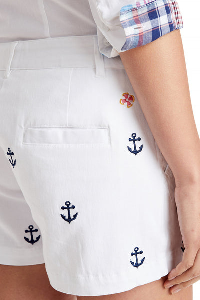 Sailing Short Stretch Twill White with Anchor LADIES SHORTS Castaway Nantucket Island