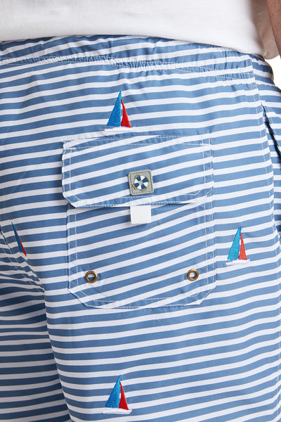 Sandbar Swim Suit Blue Stripe with Americana Sailboat MENS SWIM Castaway Nantucket Island