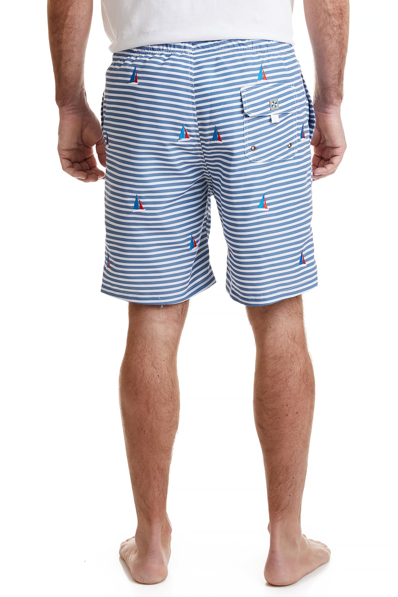 Sandbar Swim Suit Blue Stripe with Americana Sailboat MENS SWIM Castaway Nantucket Island