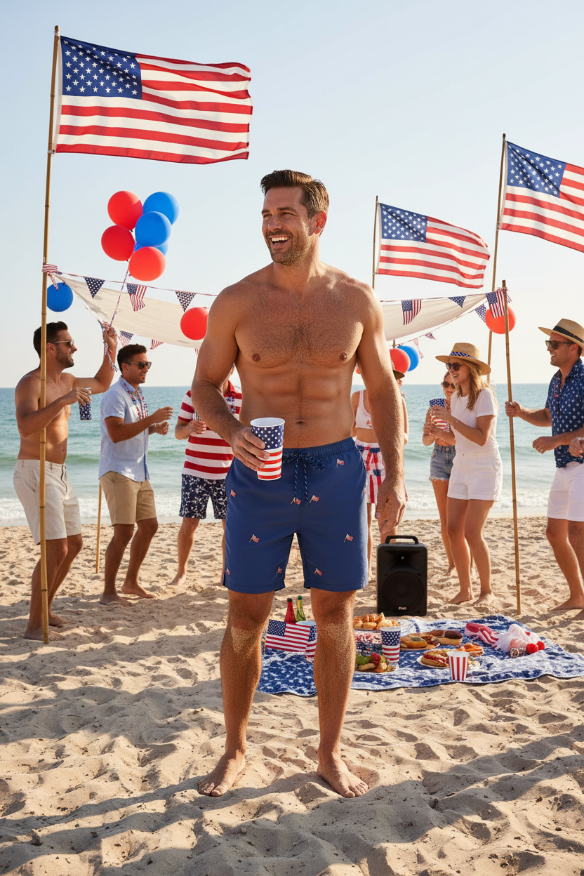 Sandbar Swim Suit Nantucket Navy with USA Flag Flying MENS SWIM Castaway Nantucket Island