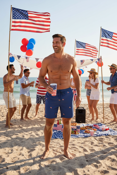 Sandbar Swim Suit Nantucket Navy with USA Flag Flying MENS SWIM Castaway Nantucket Island