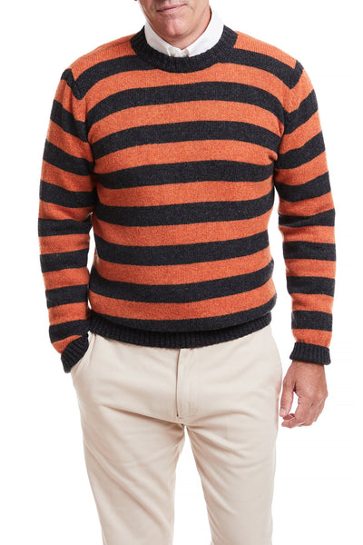 Shetland Crewneck Sweater Grey & Burnt Orange Stripe MENS OUTERWEAR Castaway Nantucket Island