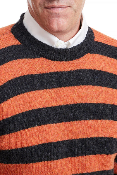 Shetland Crewneck Sweater Grey & Burnt Orange Stripe MENS OUTERWEAR Castaway Nantucket Island