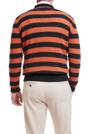 Shetland Crewneck Sweater Grey & Burnt Orange Stripe MENS OUTERWEAR Castaway Nantucket Island