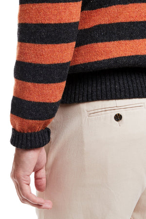Shetland Crewneck Sweater Grey & Burnt Orange Stripe MENS OUTERWEAR Castaway Nantucket Island